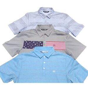 Lot of 3 men TRAVIS MATHEW Golf Polo shirts gray blue Sea to Sea stars stripes M